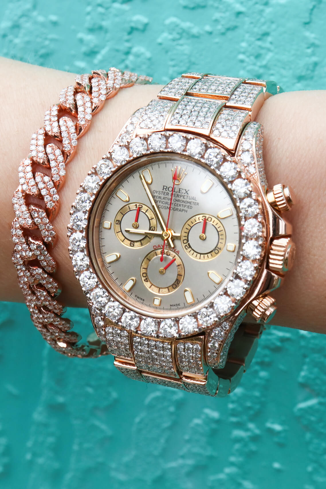ROLLIE WATCH OUT！ Iced-Out Rose Gold Rolex Daytona Cuban Link Bracelet