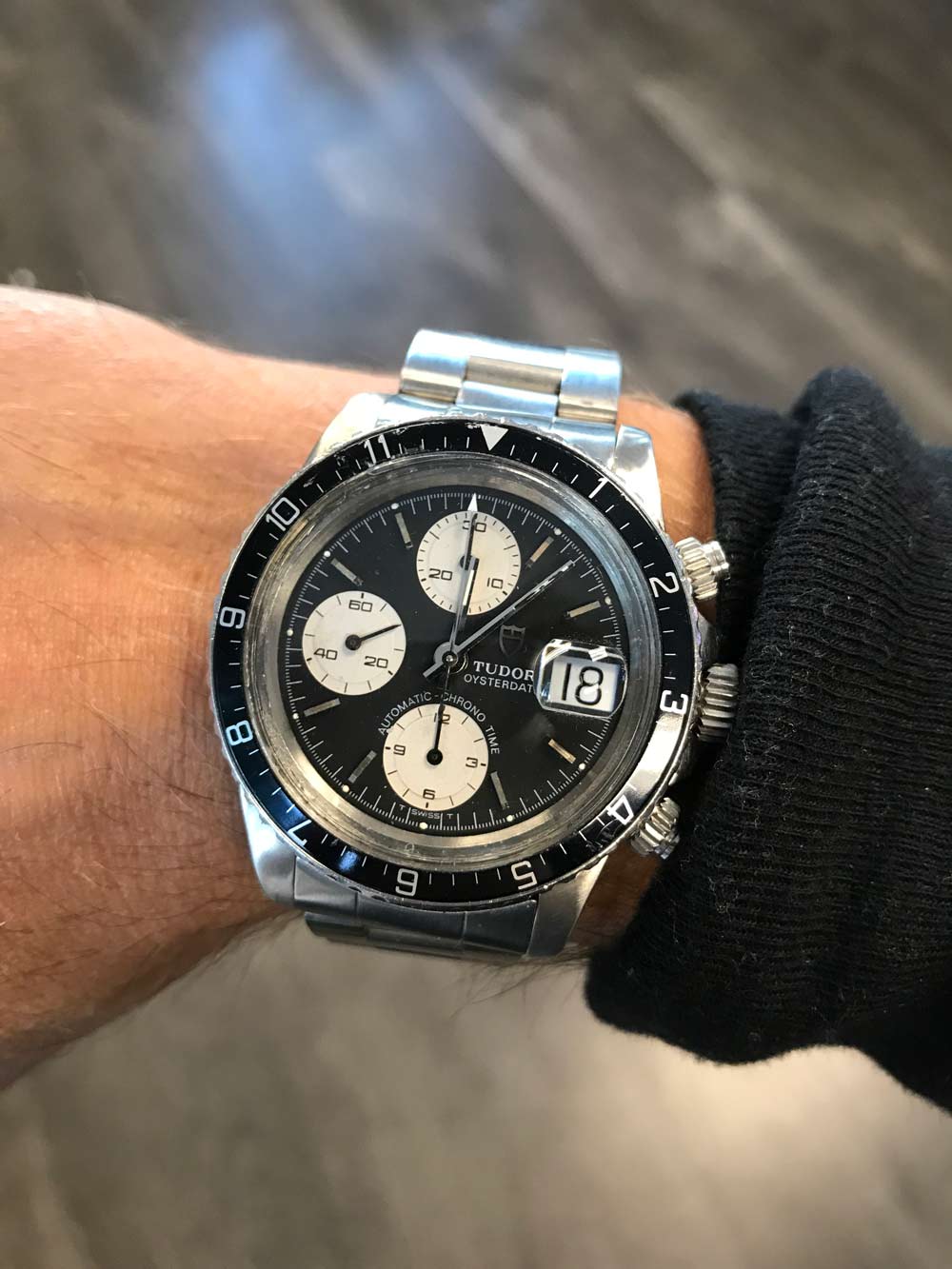Tudor chronograph worn on the wrist