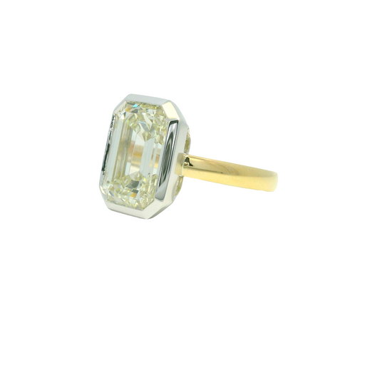 GIA 18k Two-Tone Gold Natural 8.73 Carat Emerald Cut Diamond Bezel Set Engagement Ring