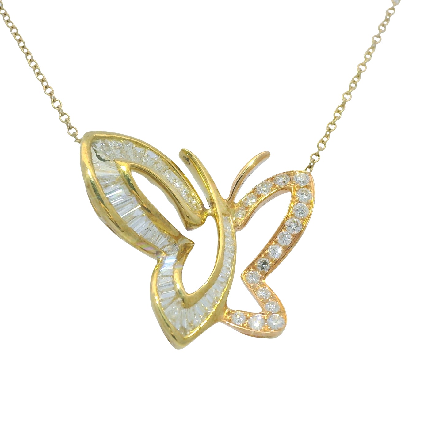 14K Rose & Yellow Gold Natural Diamond Butterfly Pendant Chain Necklace