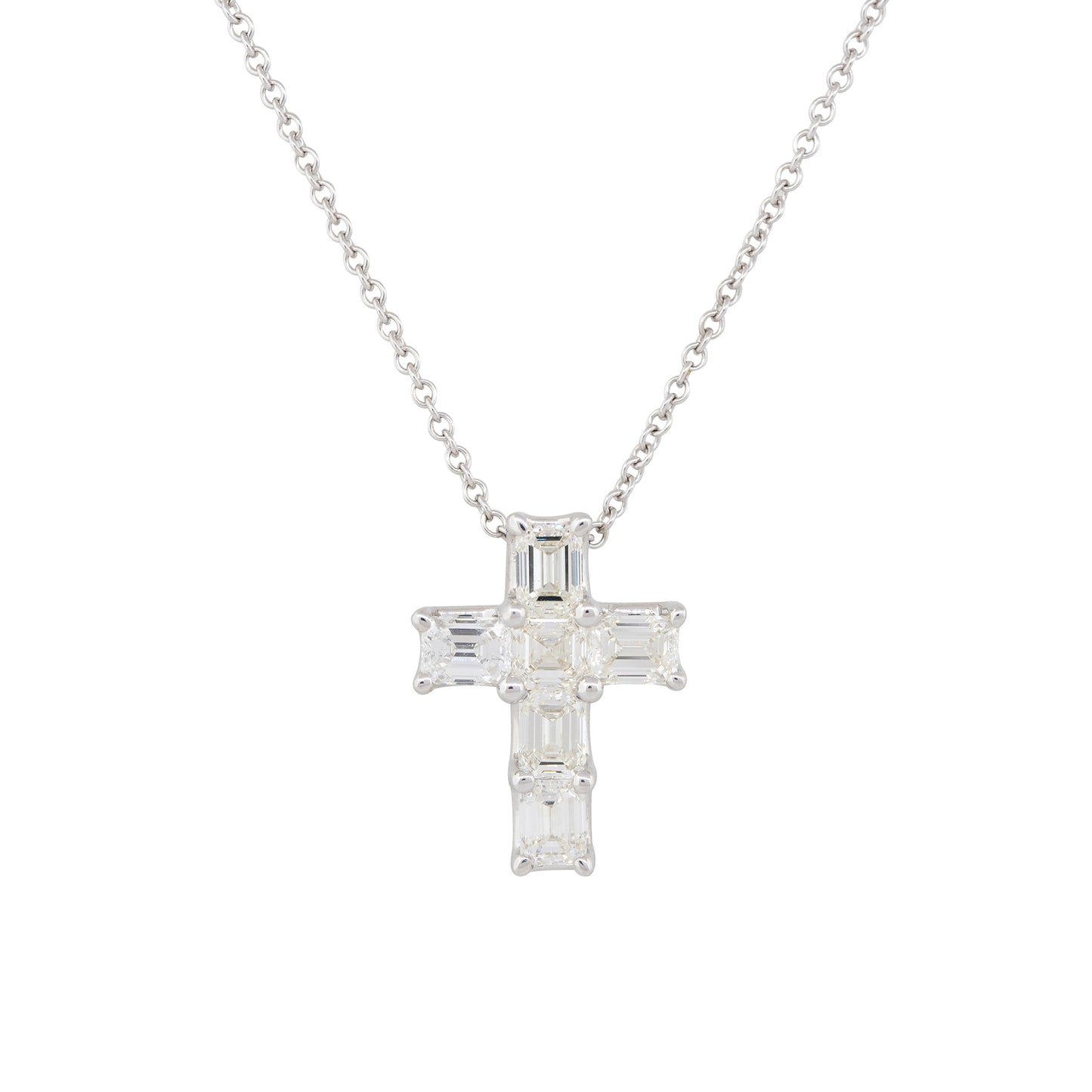 14k White Gold 2.95ct Emerald Cut Diamond Cross Pendant Necklace