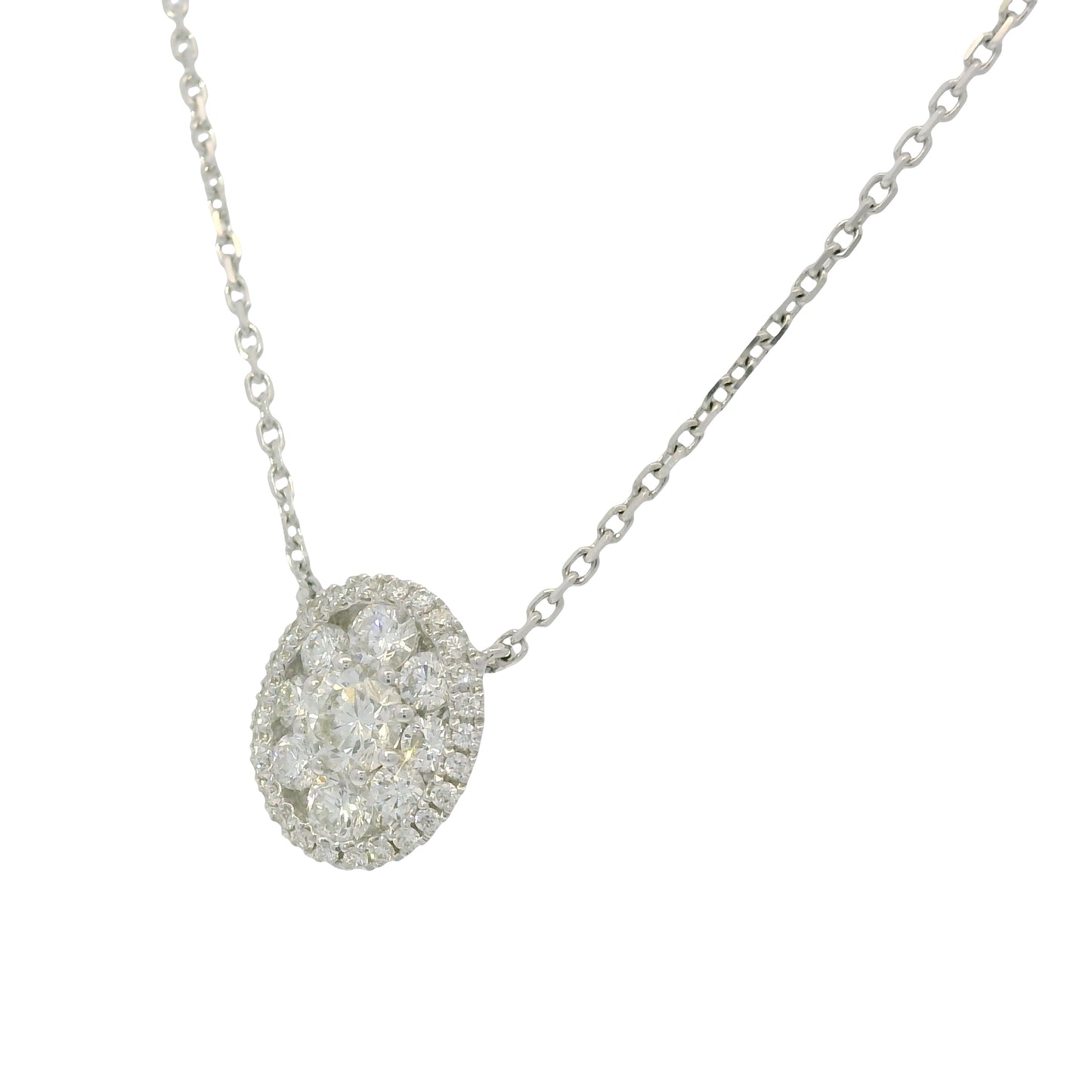 18k White Gold Natural Diamond Halo Oval Shape Pendant Necklace