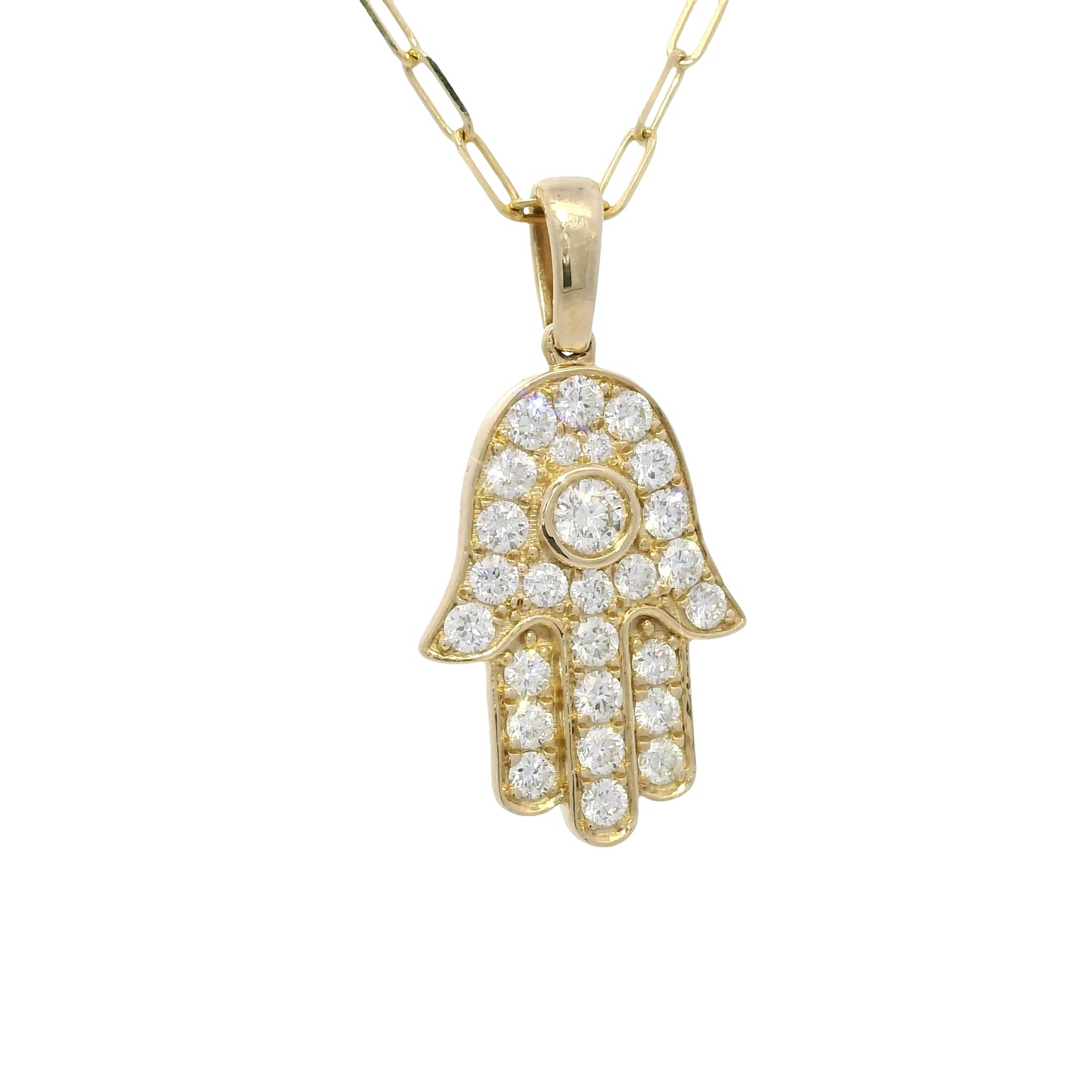 14K Yellow Gold Natural Round Brilliant Diamond Hamsa Pendant Paperclip Necklace