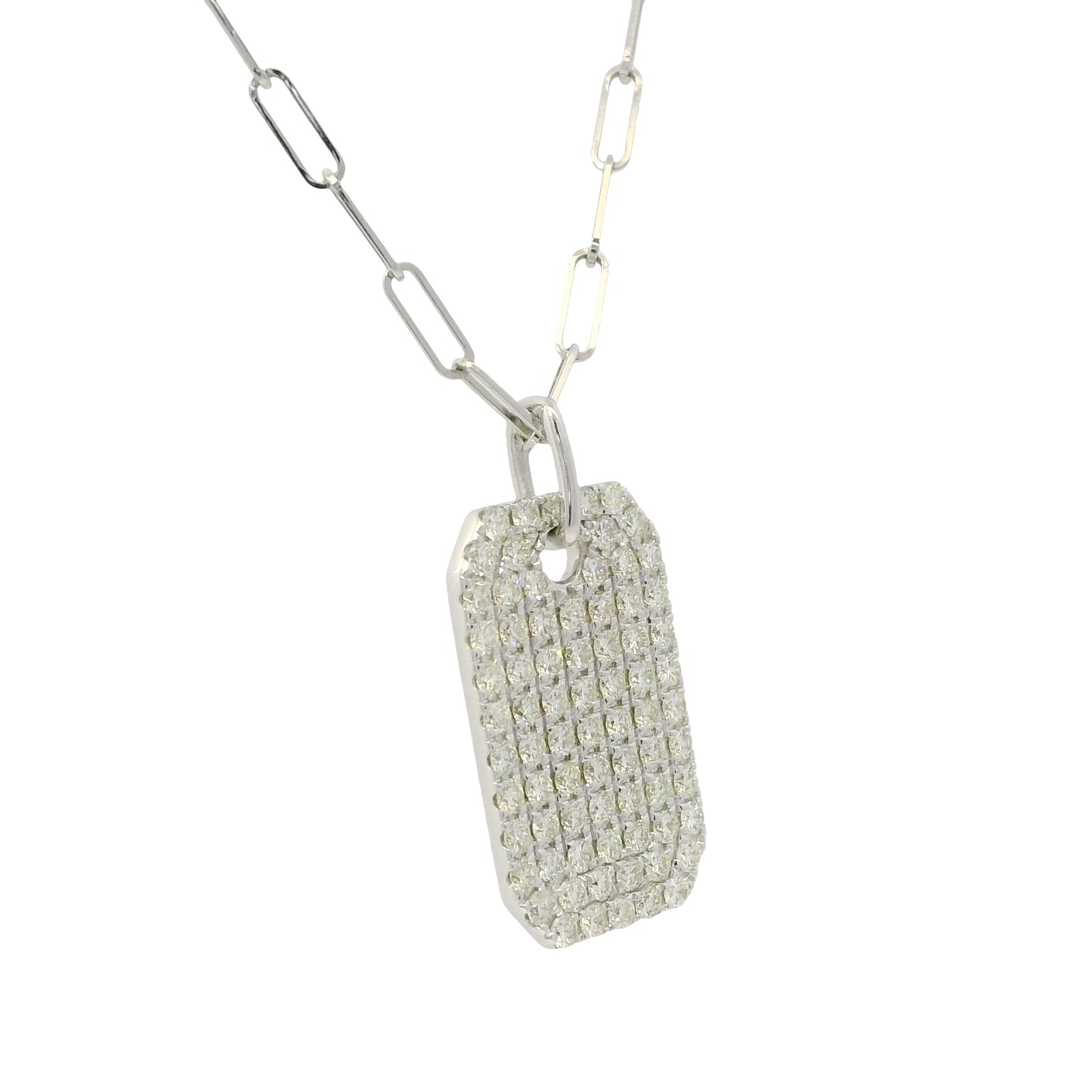 14k White Gold Natural Diamond Dog Tag Paperclip Chain Pendant Necklace