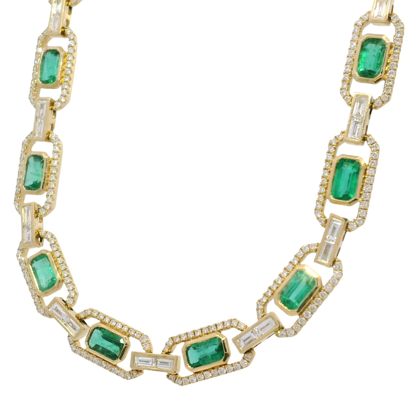 14k Yellow Gold Natural Emerald & Baguette Cut Diamond Link Necklace