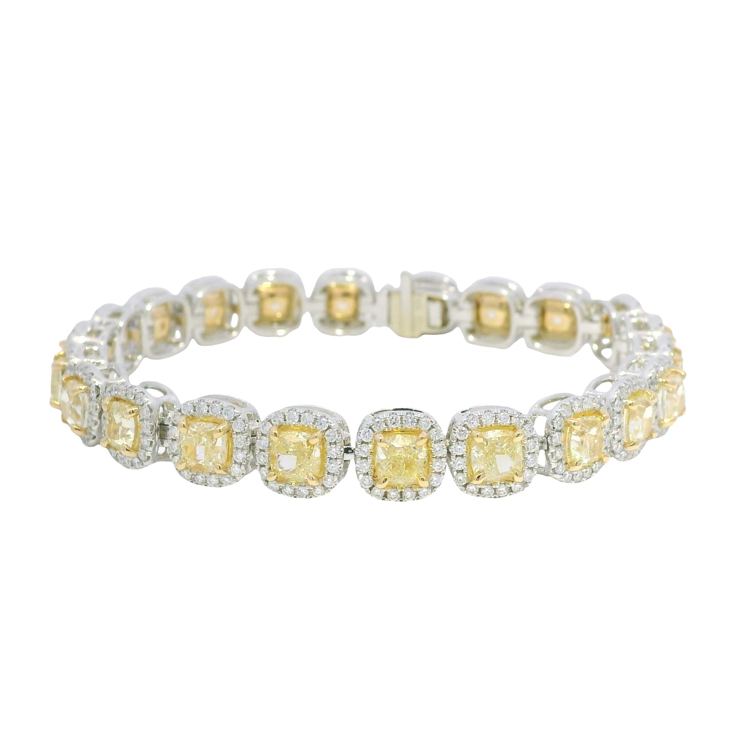 18k Two Tone Gold Natural Yellow & White Diamond Halo Station Bracelet