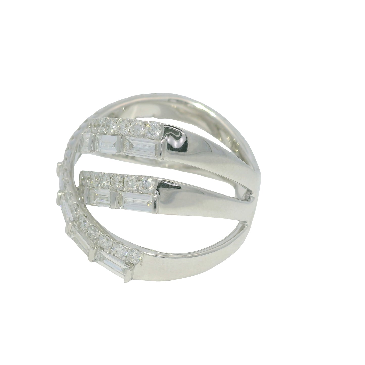 14k White gold Round Brilliant Baguette Diamond Cut Crossover Band