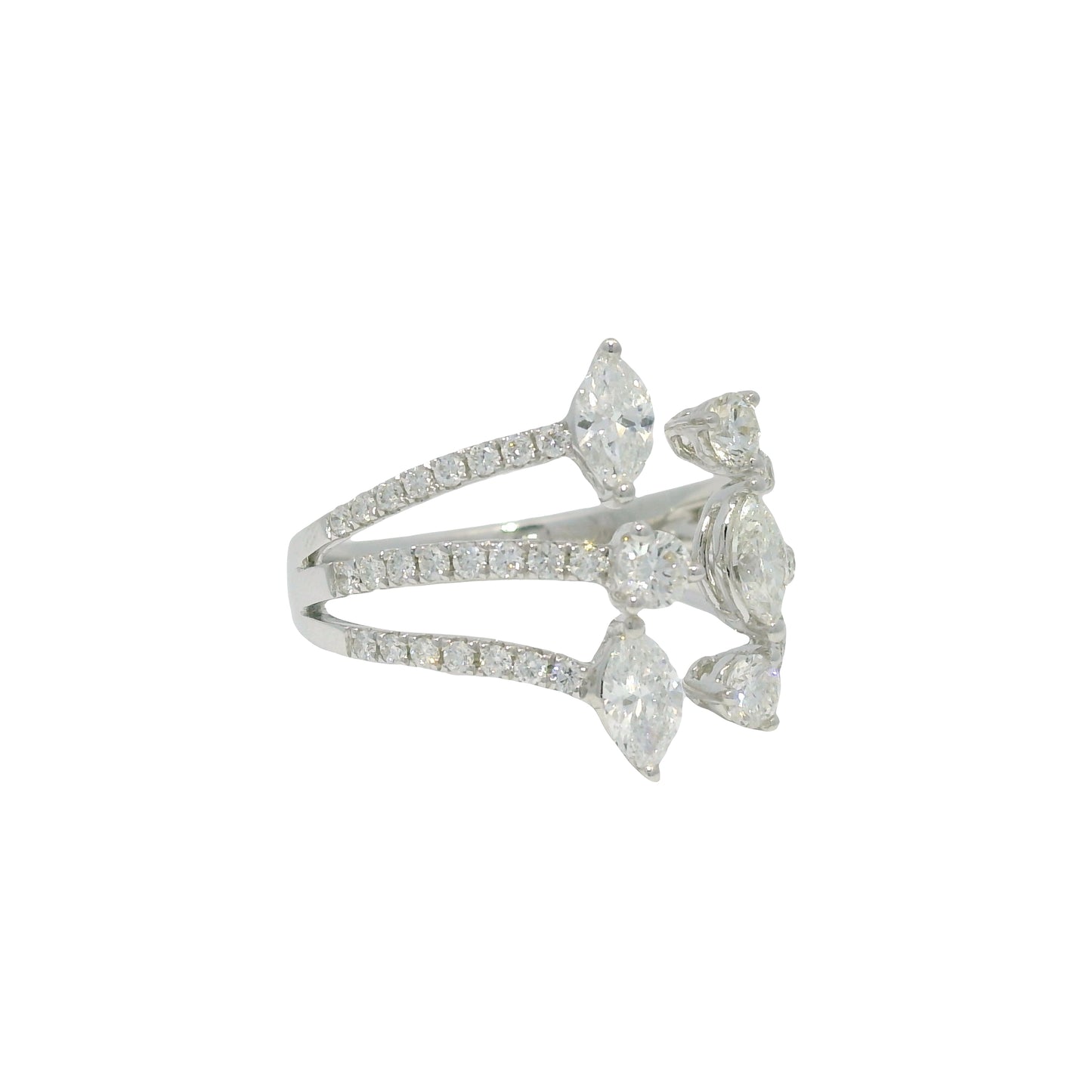 14k White Gold Natural Marquise & Round Brilliant Cut Diamond Openwork Ring
