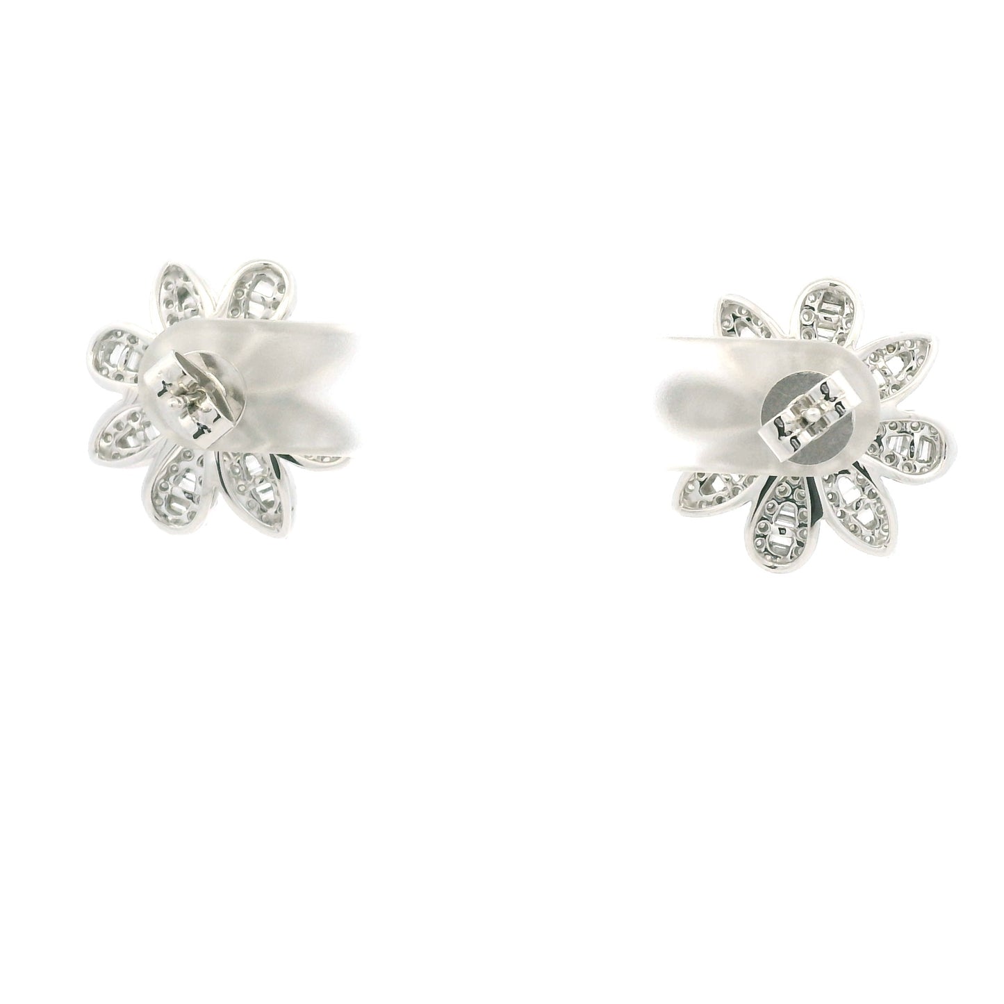 18K White Gold Natural Round & Baguette Diamond Flower Earrings