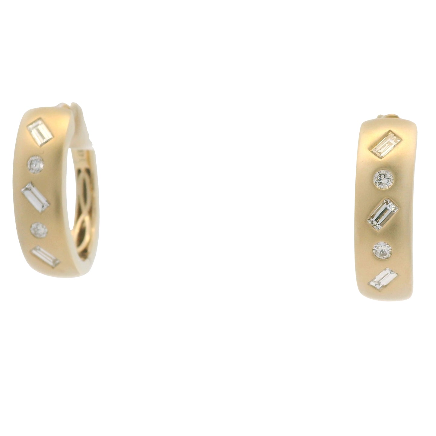 14K Yellow Gold Natural Round & Baguette Diamond Flush Set Huggie Earrings