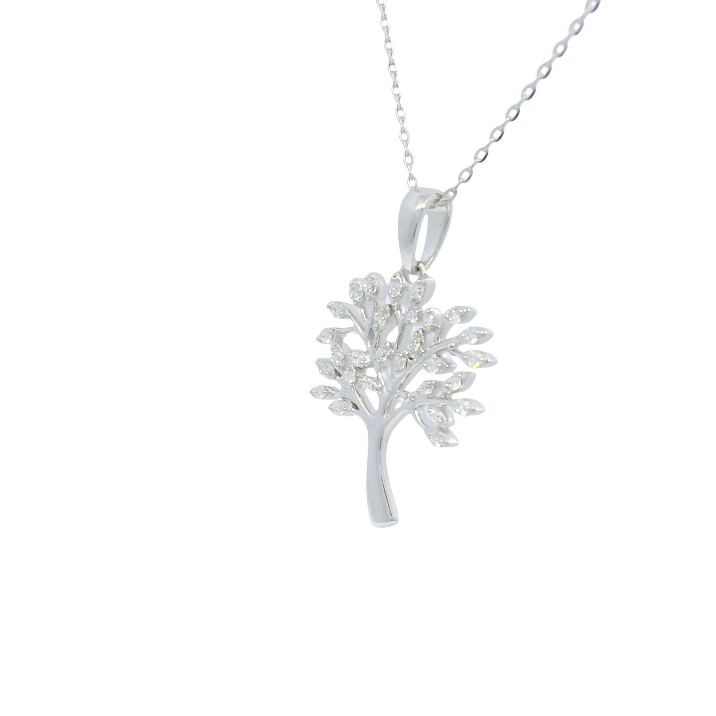 14K White Gold Natural Round Diamond "Tree of Life" Pendant Necklace