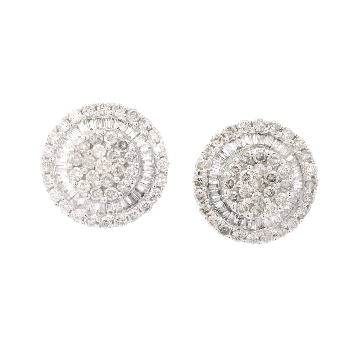14K White Gold Natural Round & Baguette Diamond Cluster Stud Earrings