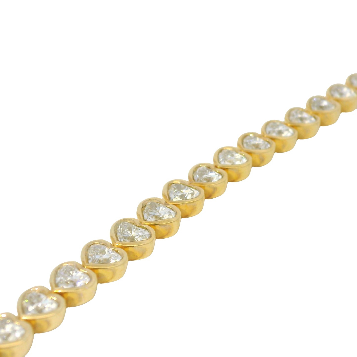 18K Yellow Gold Natural Round Brilliant Cut Diamond Bezel- Set Heart Tennis Bracelet