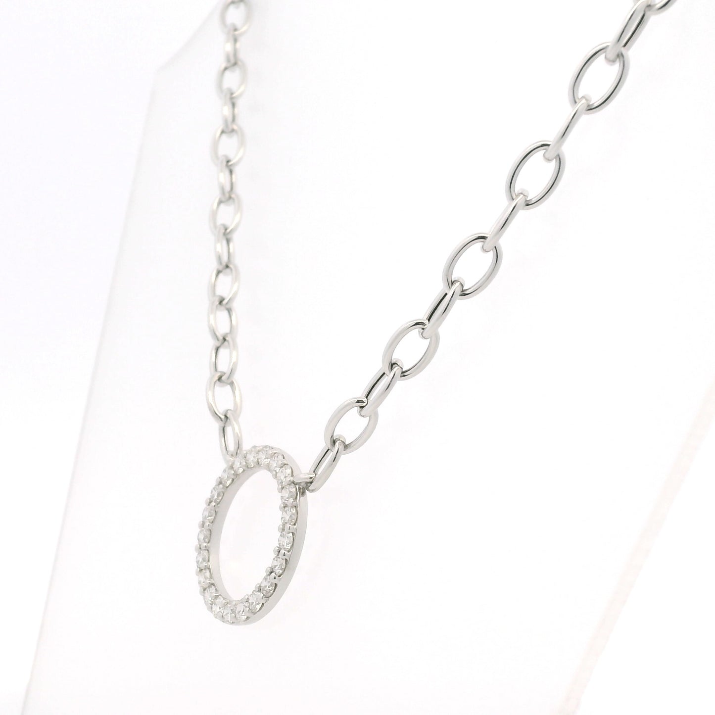 14K White Gold Natural Round Brilliant Cut Diamond Circle Pendant Paperclip Necklace