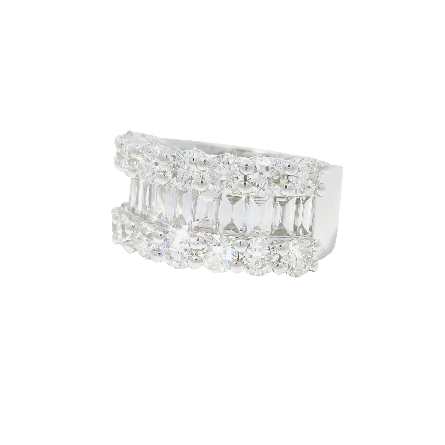 18K White Gold Natural Round Brilliant & Baguette Cut Diamonds 3 Row Half-Way Ring