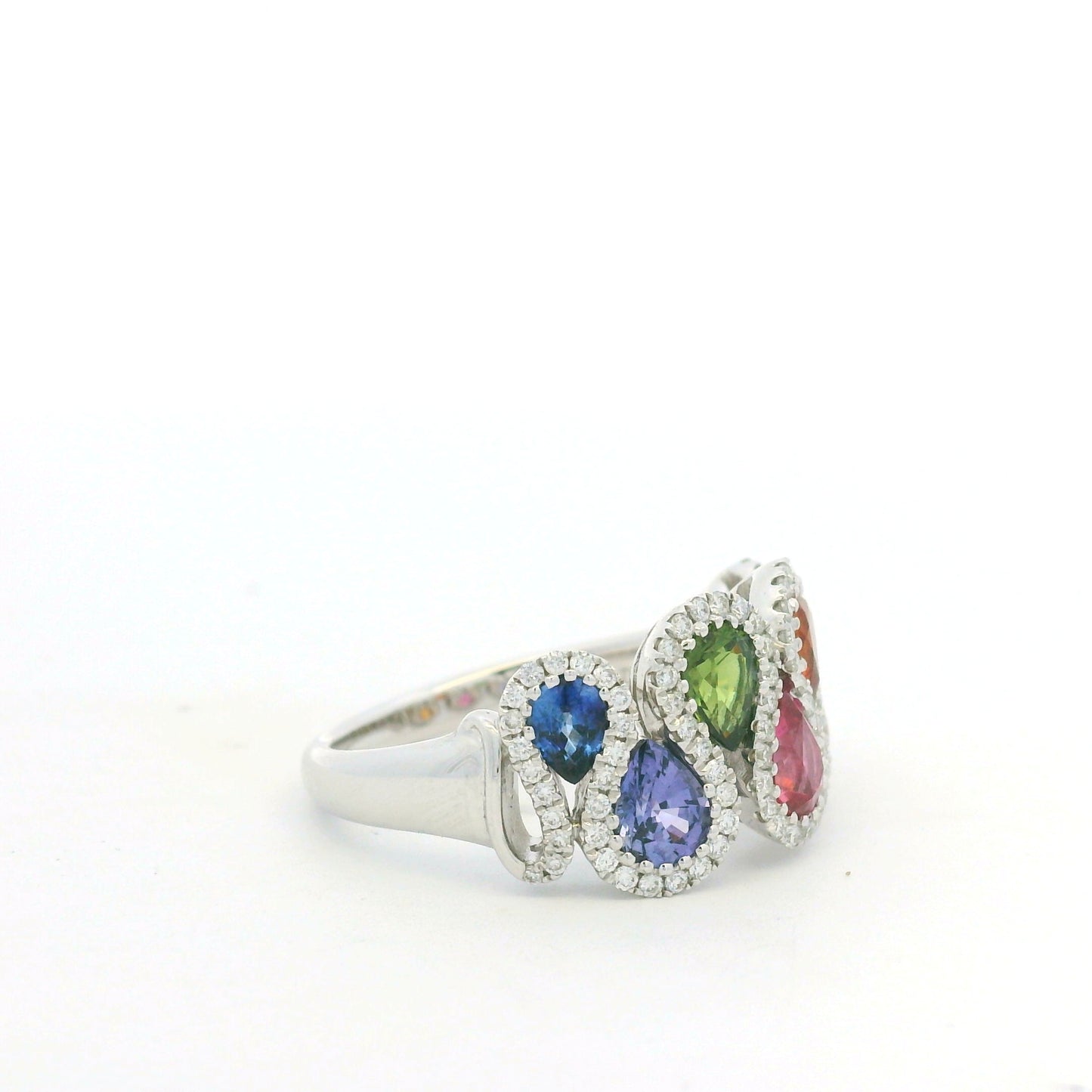 18K White Gold Natural 1.52 Carat Diamond & Multi-Color Pear Shape Sapphire Ring