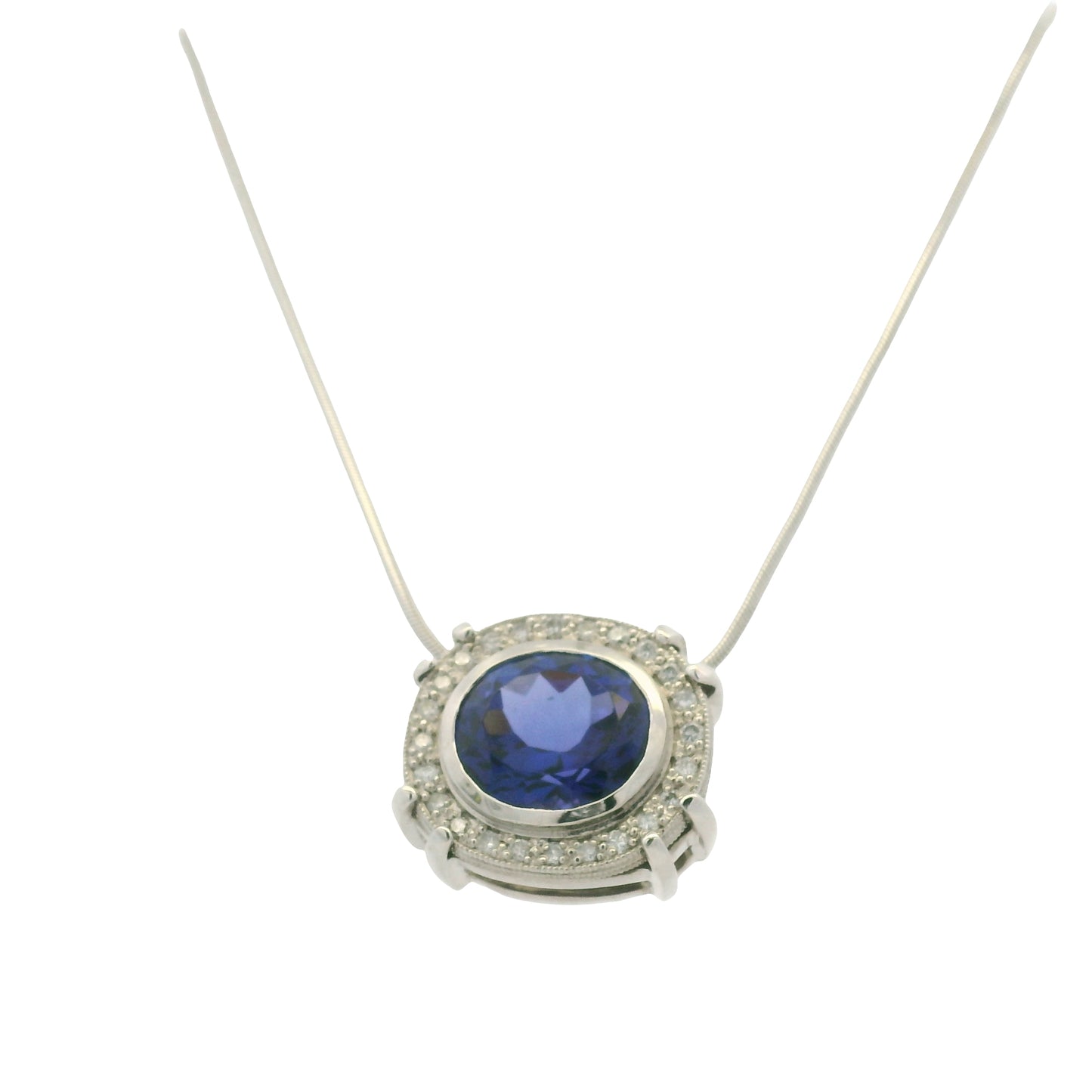 14k White Gold Natural Oval Shape Tanzanite & Diamond Halo Pendant Necklace