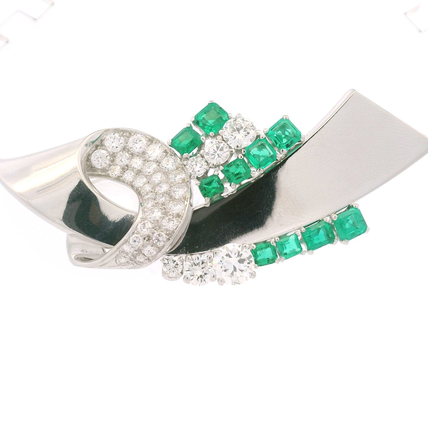 Platinum Natural Emerald Gemstone & Round Brilliant Diamond Brooch