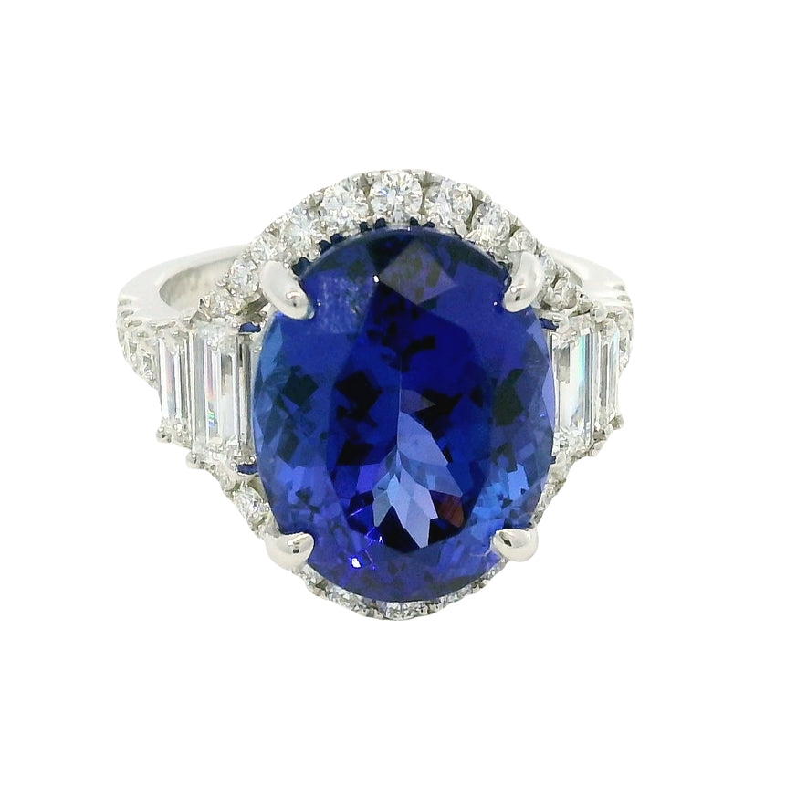 18k White Gold Natural 8.20 Carat Oval Tanzanite and Diamond Halo Ring