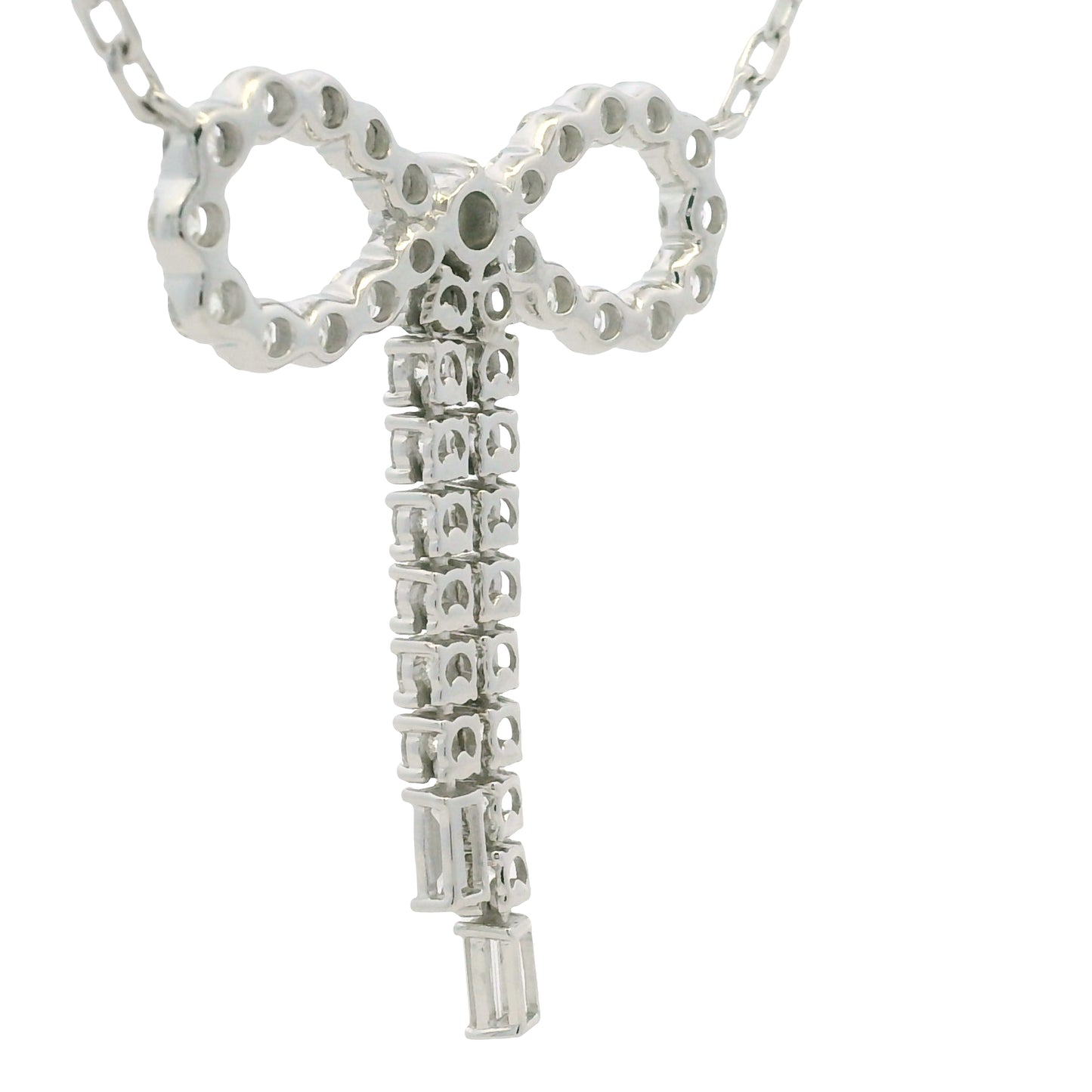 14k White Gold Baguette And Round Diamond Bow Pendant Necklace