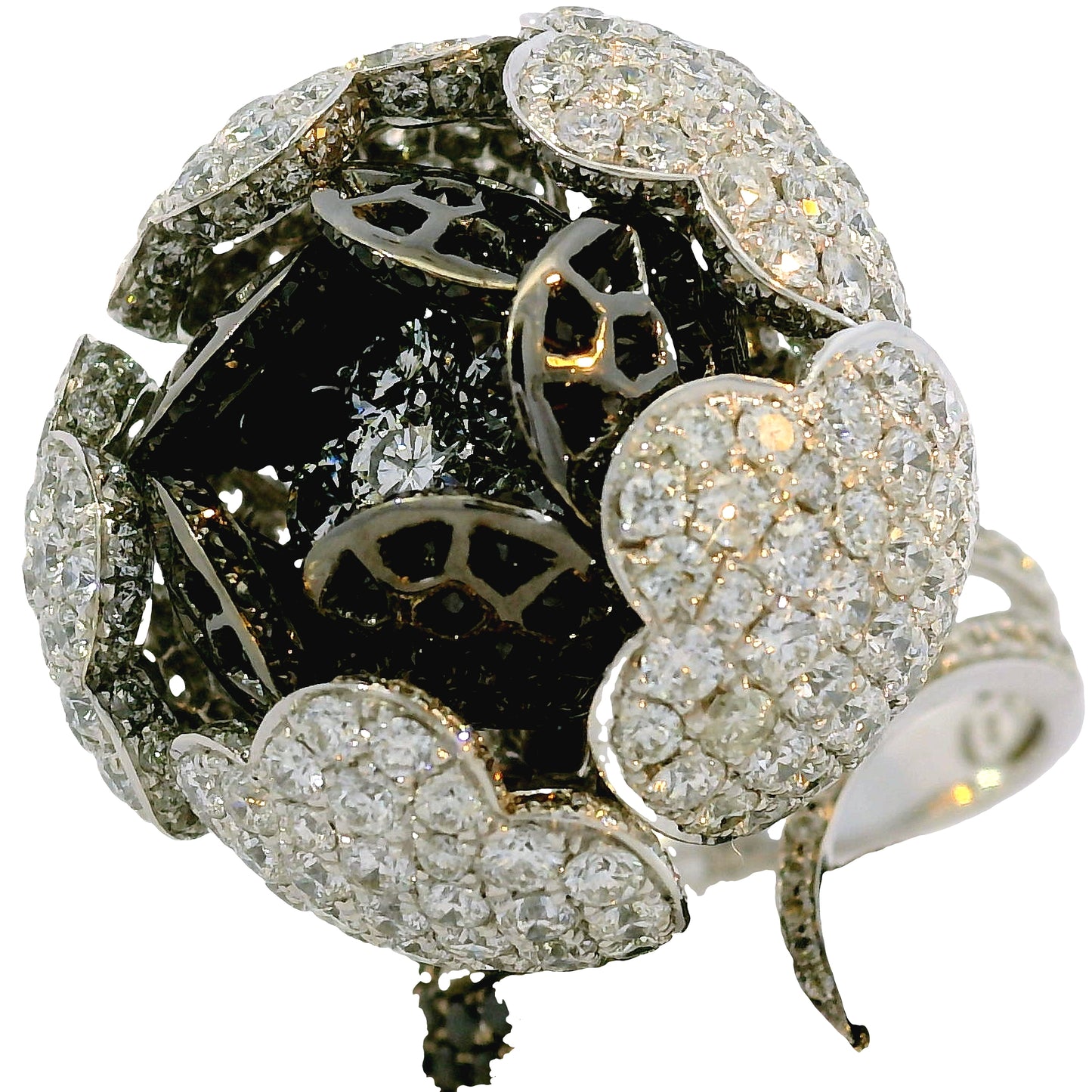 18K White Gold Natural 12.0 Carat Diamond & Black Rhodium Blooming Flower Ring