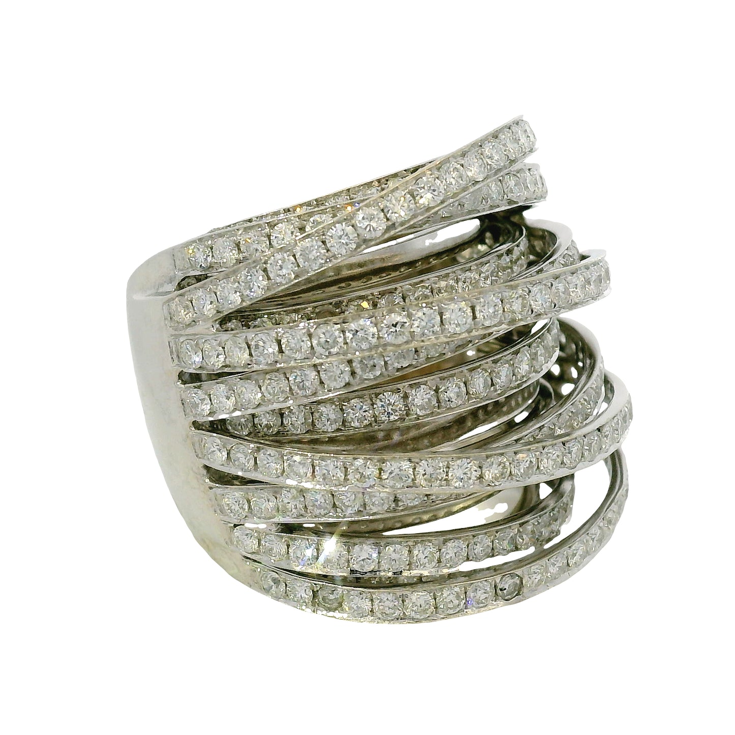 18K White Gold Natural 6.72 Carat Natural Diamond Multi-Row Crossover Ring