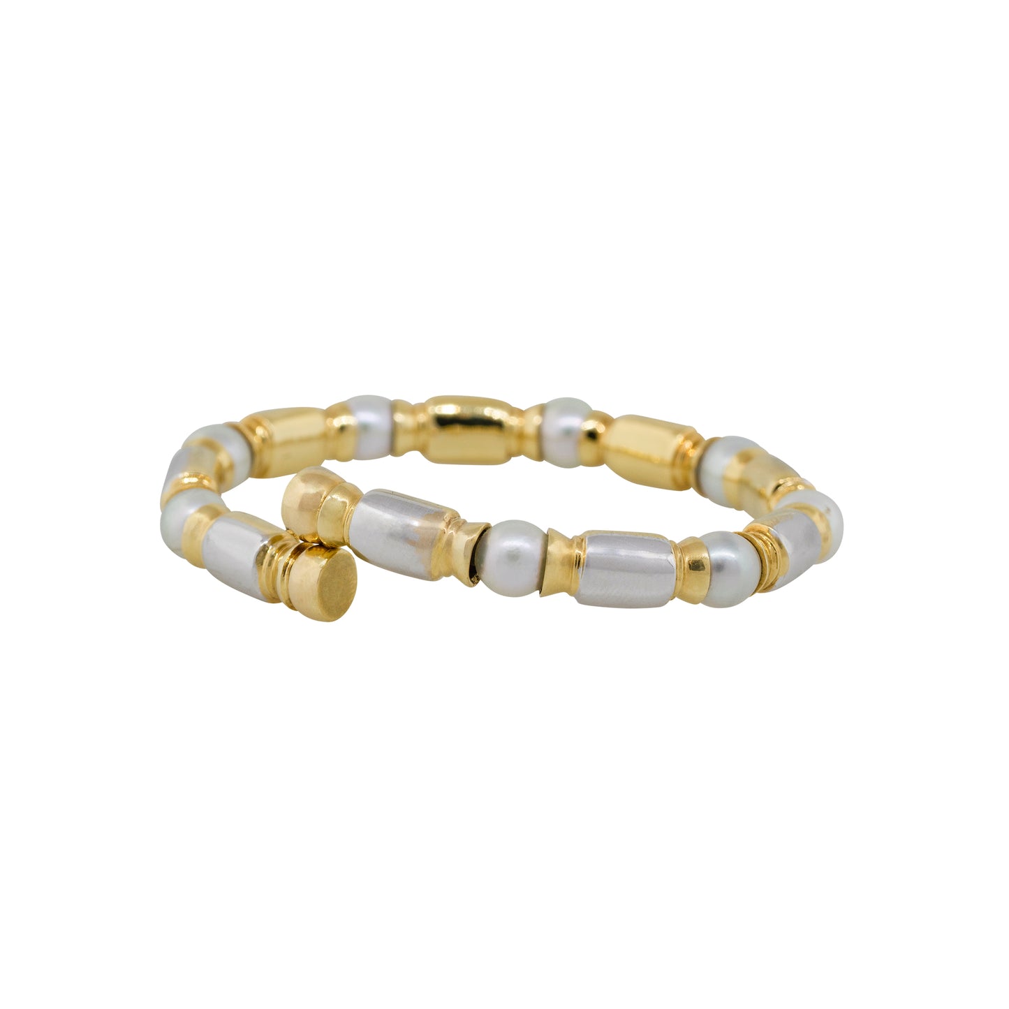 18k Yellow Gold 0.75ctw Diamond Pearl Open Cuff Bangle Bracelet