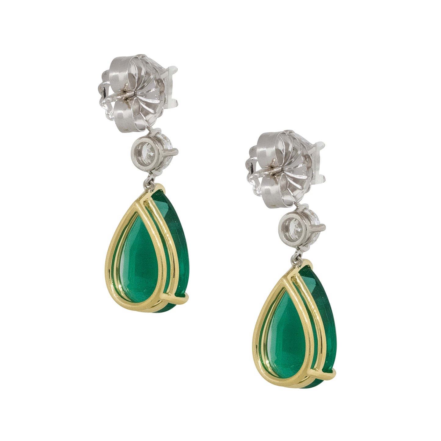 14k White Gold 11.50ct Pear Shape Emerald Diamond Dangle Earrings