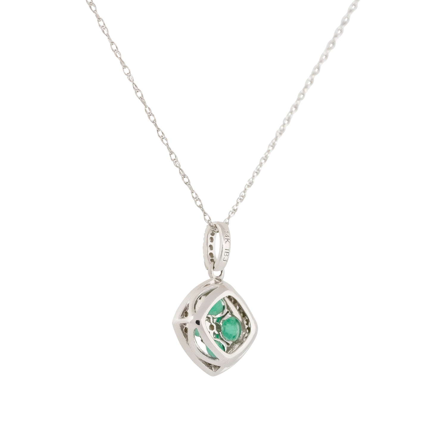 14k White Gold Oval Emerald Diamond Pendant Necklace