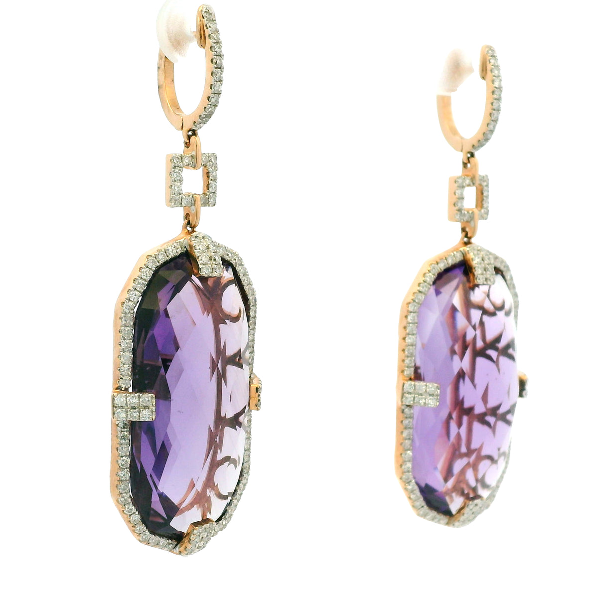 14K Rose Gold Purple Amethyst and Natural Diamond Long Drop Earrings