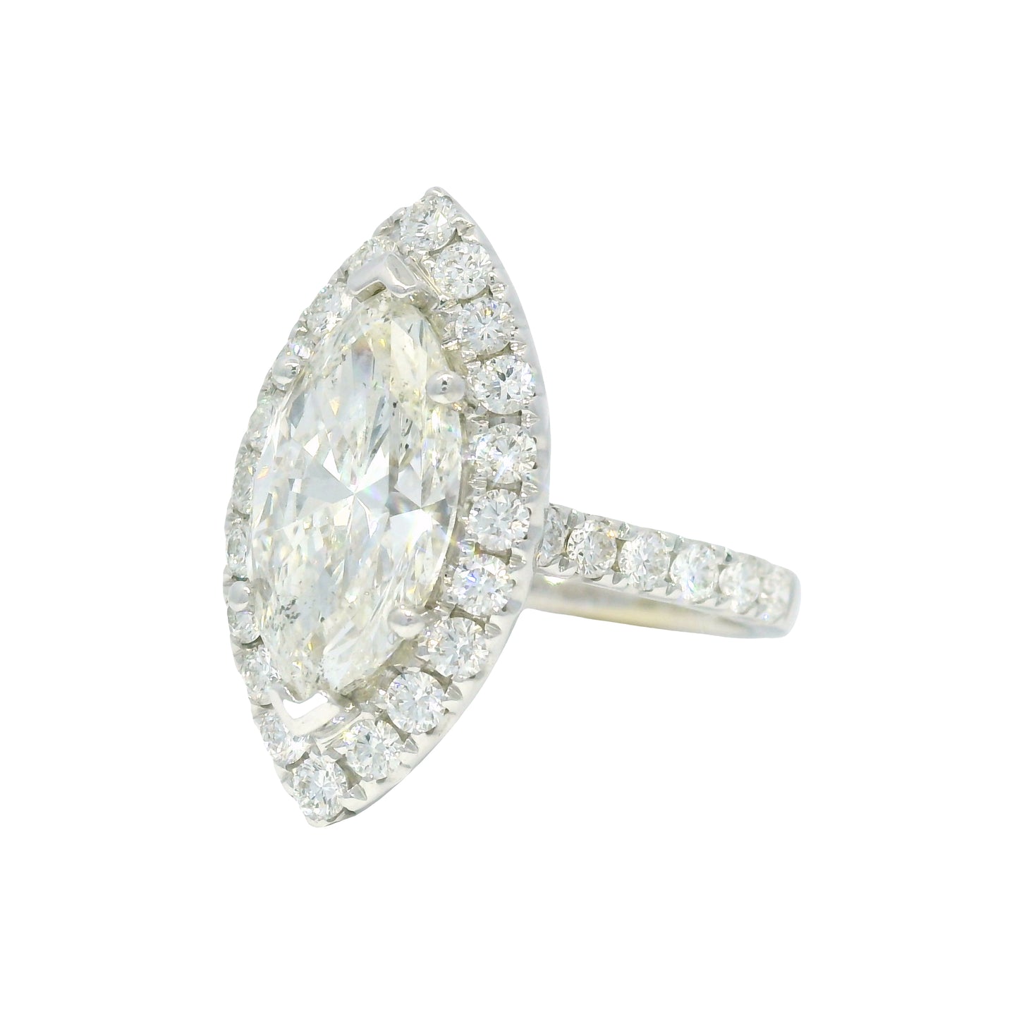 18k White Gold Natural 3.39 Carat Marquise Cut Diamond Halo Engagement Ring