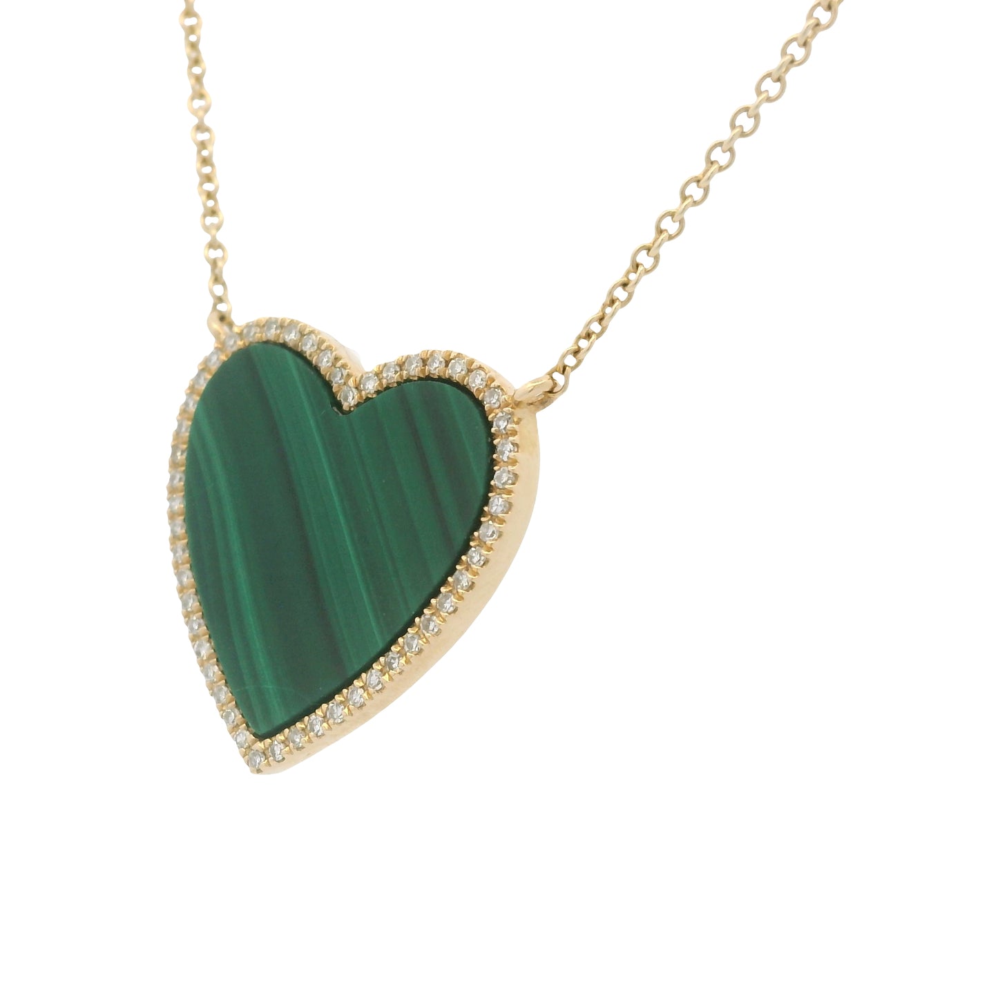14k Yellow Gold Malachite Diamond Halo Heart Pendant Necklace