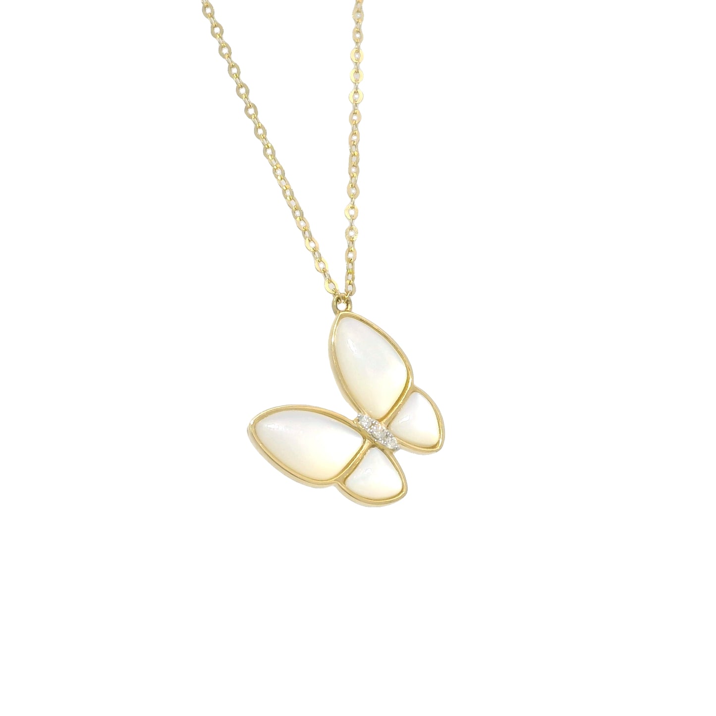 18k Yellow Gold Mother of Pearl & Diamond Butterfly Necklace