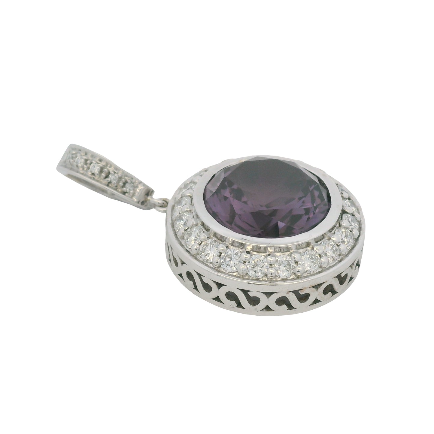 14k White Gold Natural Round Amethyst & Diamond Halo Pendant