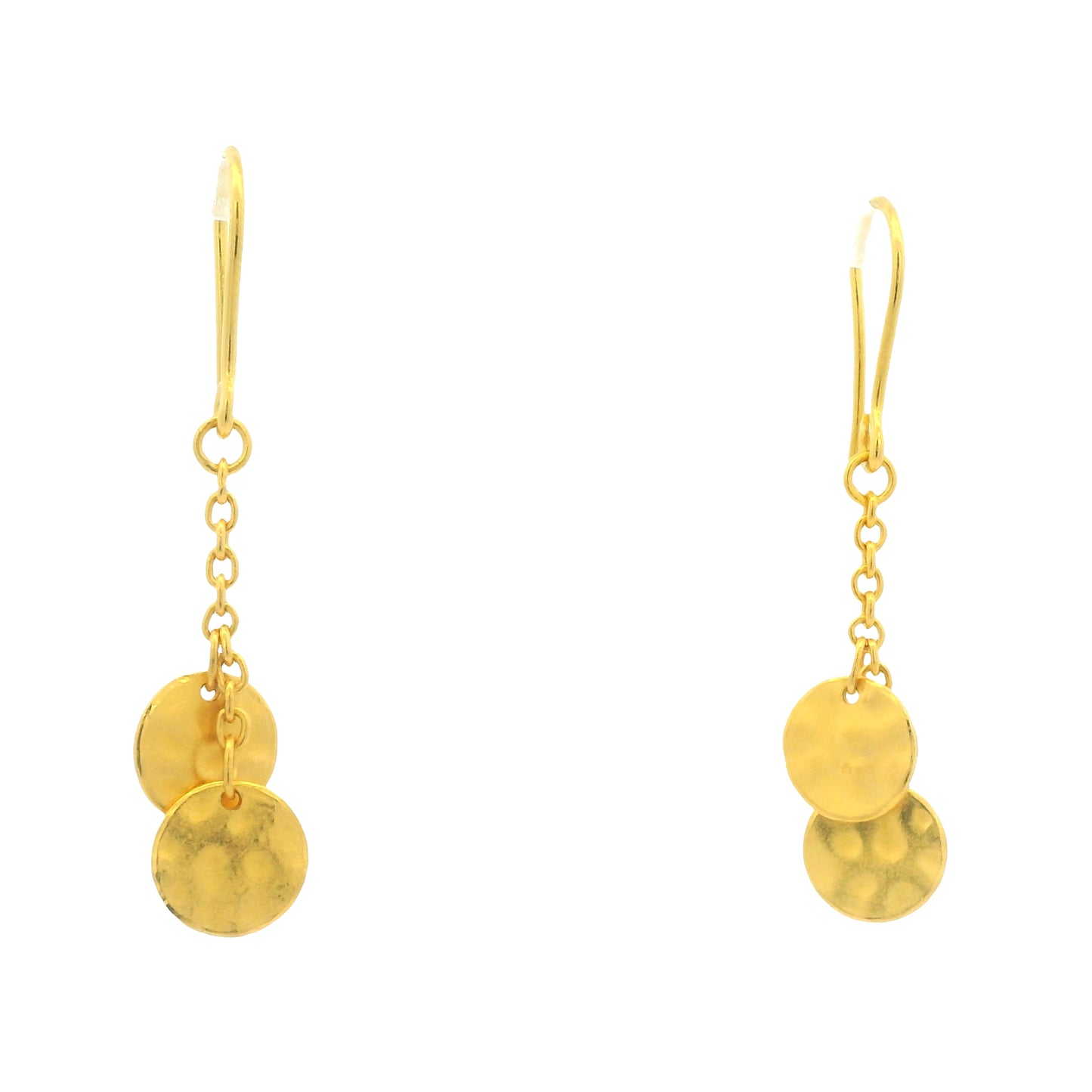 24K Yellow Gold Double Hammered Flat Circle Drop Earrings