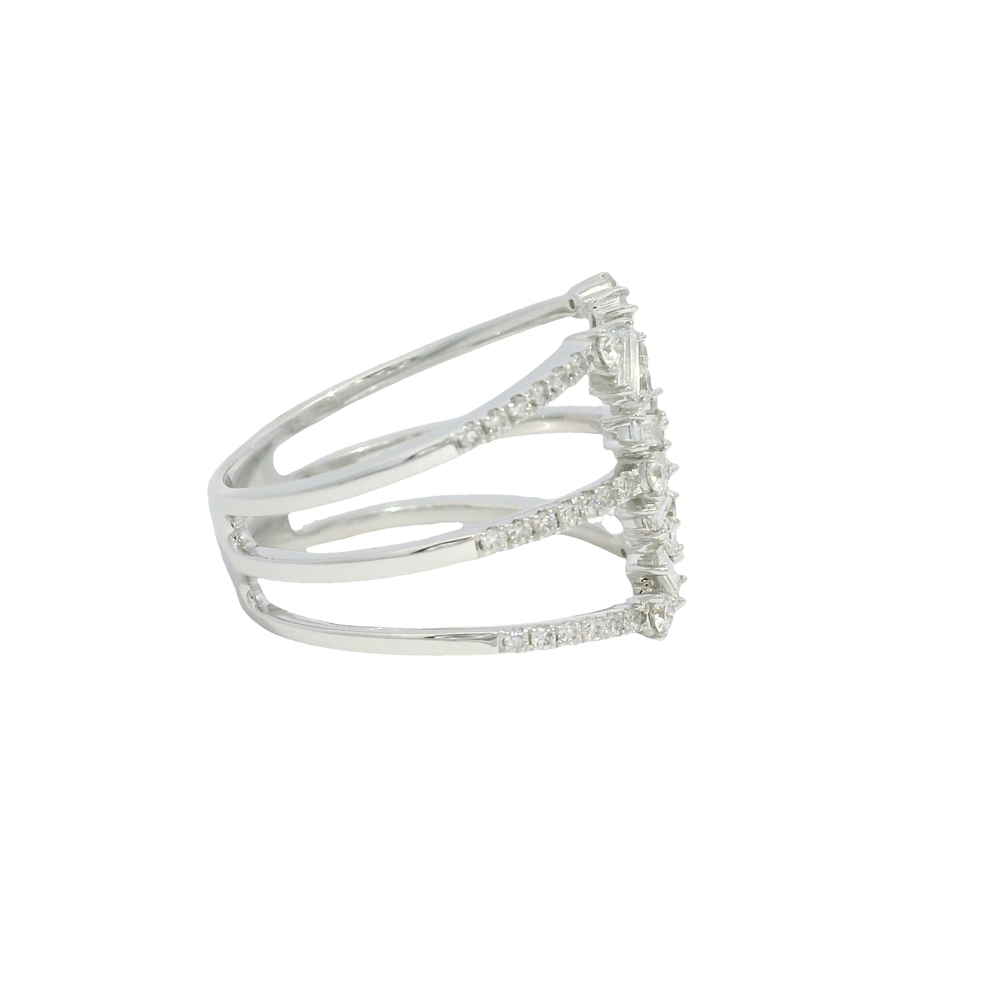 14K White Gold Natural Baguette& Round Brilliant Diamonds Wide Open Ring