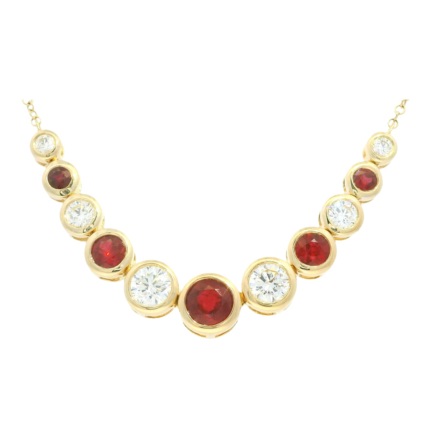 14K Yellow Gold Natural Diamond & Round Shape Ruby Adjustable Chain Necklace