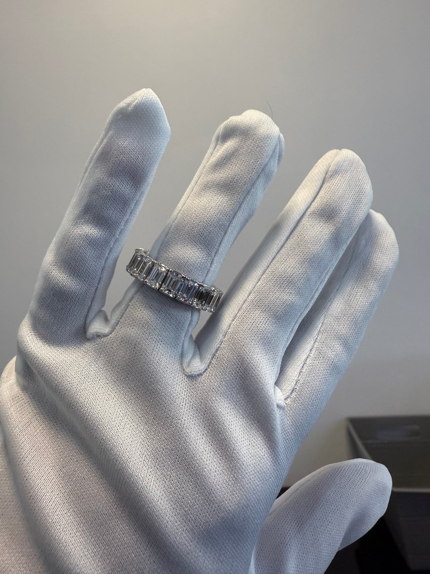 18K White Gold Natural 9.23 Carat Emerald Cut Diamond Flexible Eternity Band