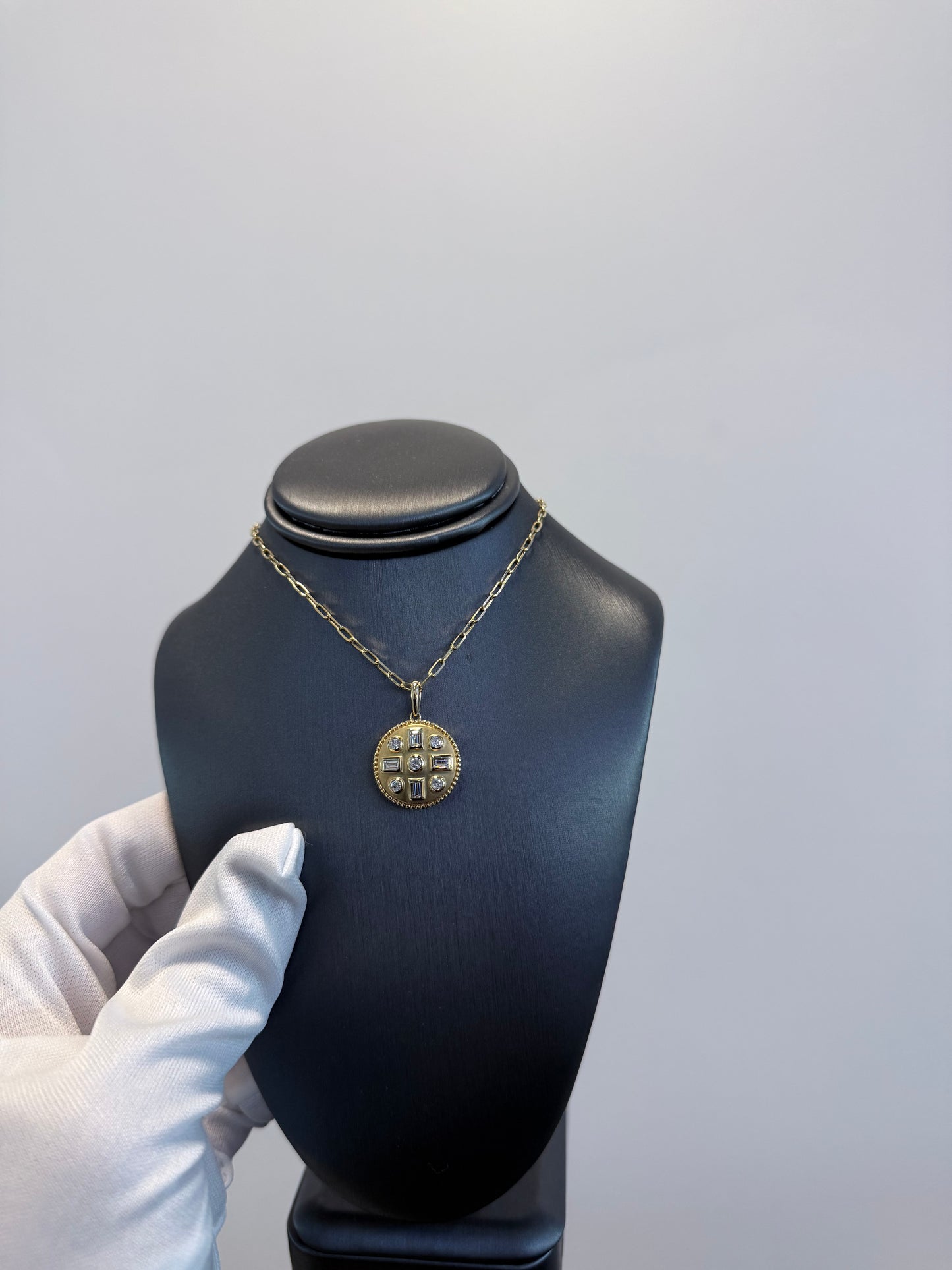 14K Yellow Gold Natural Round& Baguette Satin Finished Disk Pendant Necklace