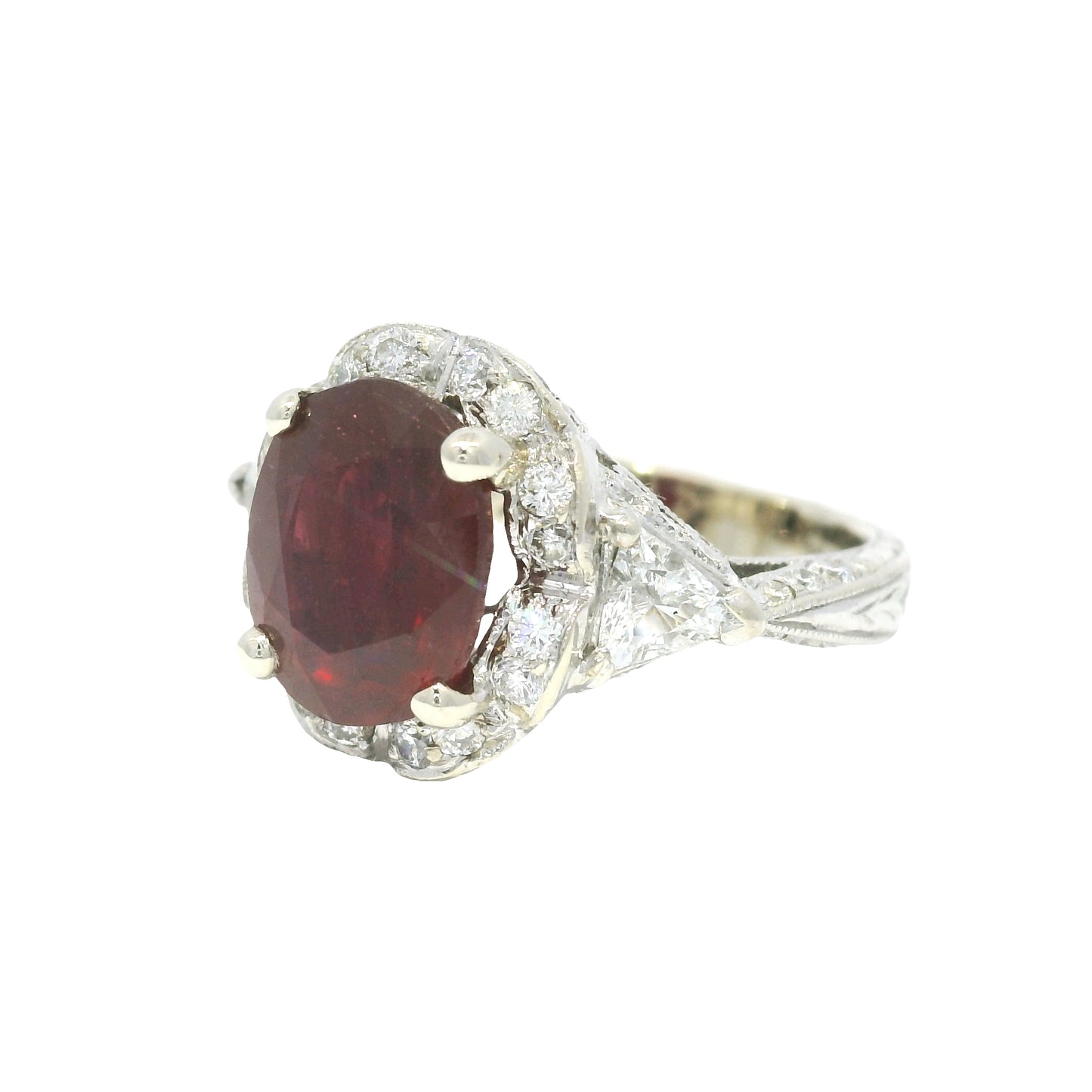 14k White Gold Ruby Oval Shape Diamond Halo Ring
