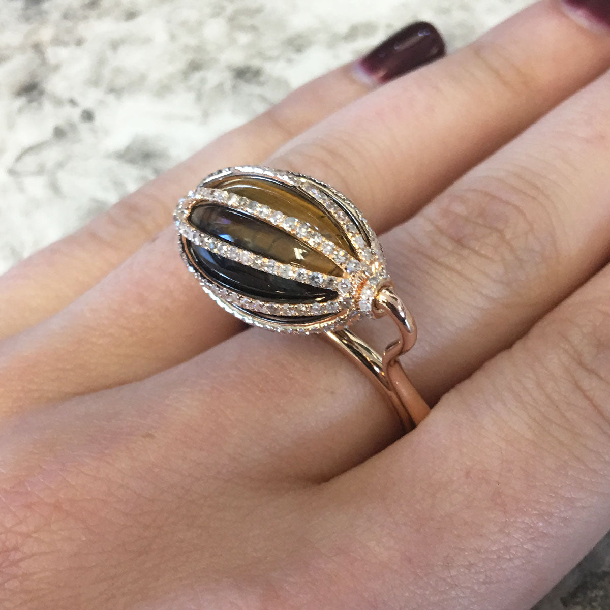 18k Rose Gold 1ctw Diamond and Tiger's Eye Spinning Ring