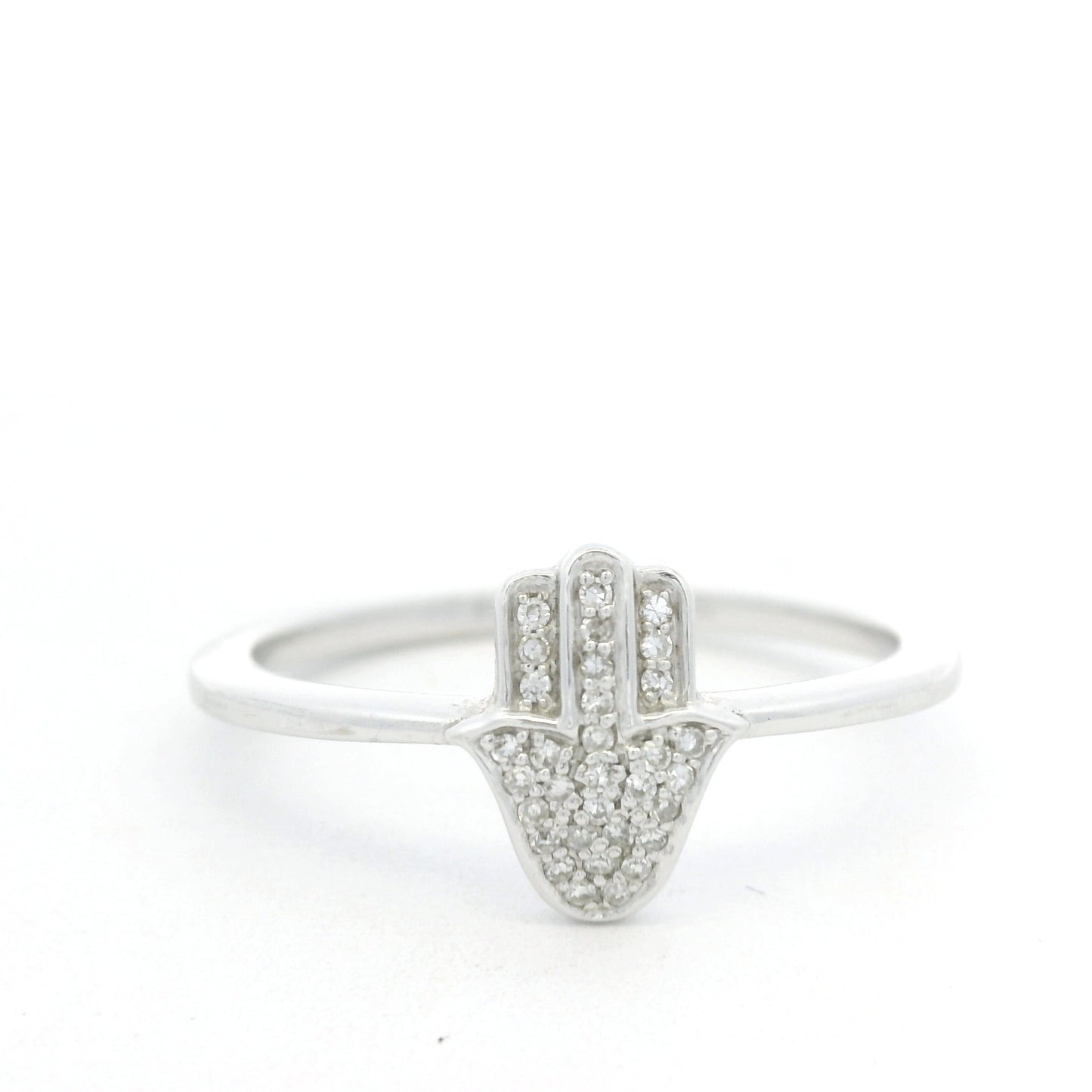 14K White Gold Natural Round Diamond Pave Hamsa Ring