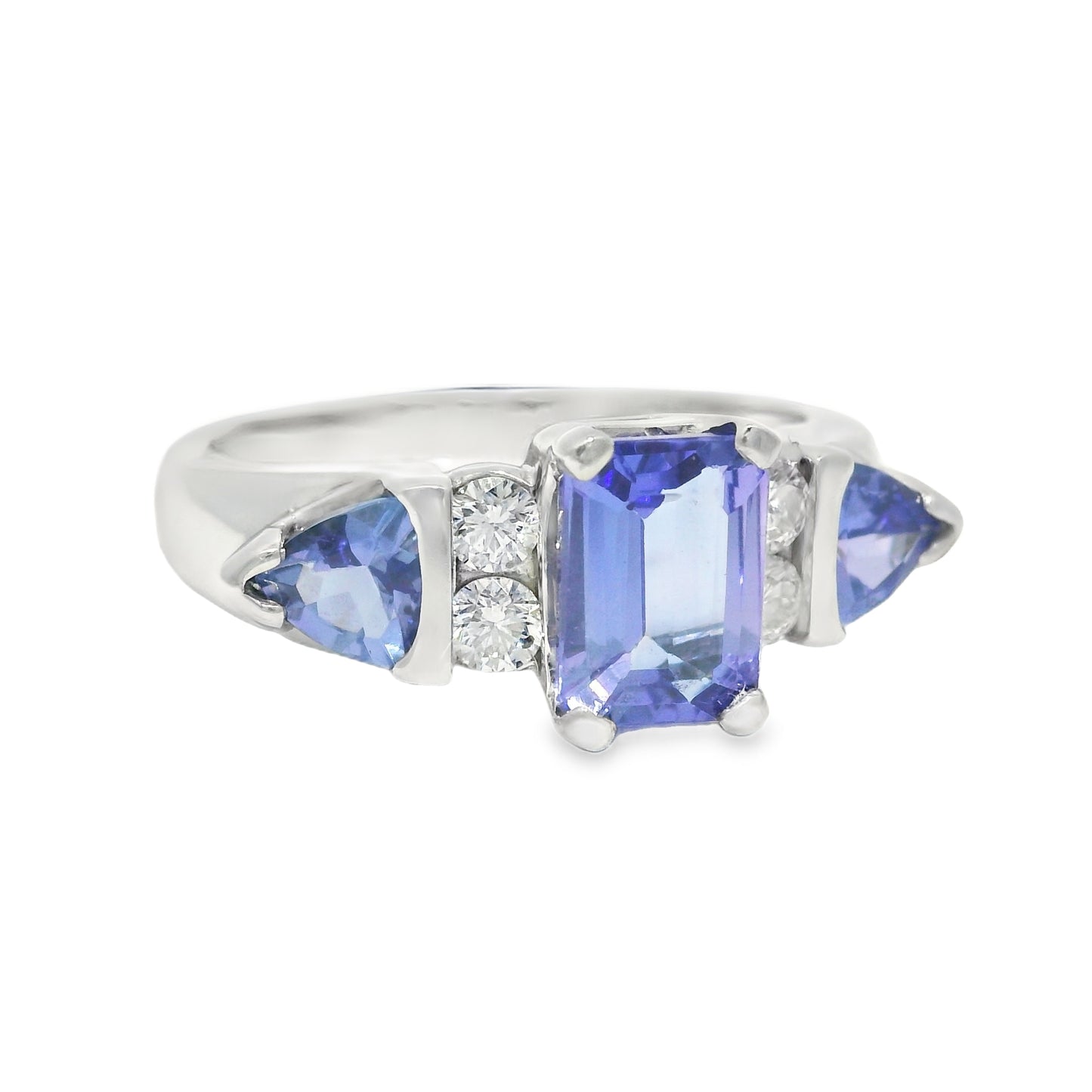 14k White Gold Emerald Cut Tanzanite & Round Brilliant Diamond Ring
