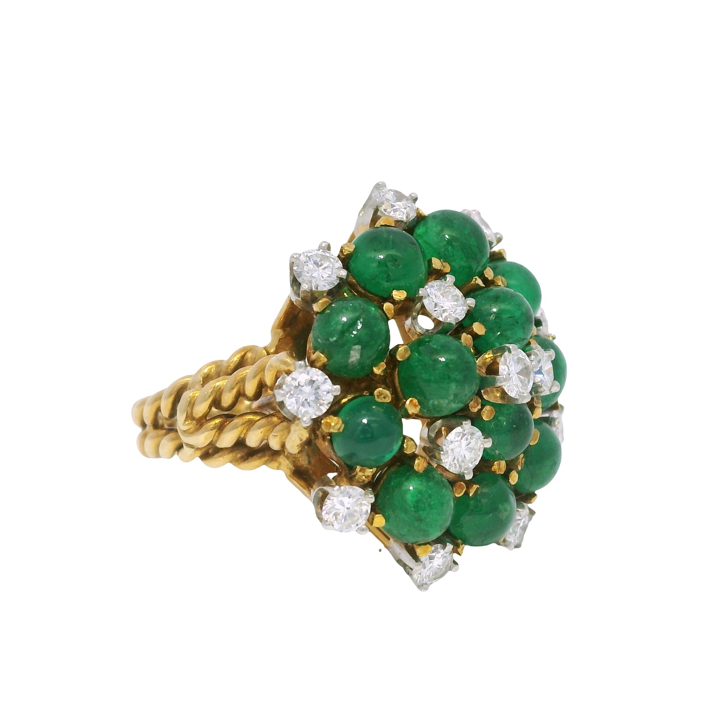 18k Yellow Gold Cabochon Emerald & Diamond Cable Ring
