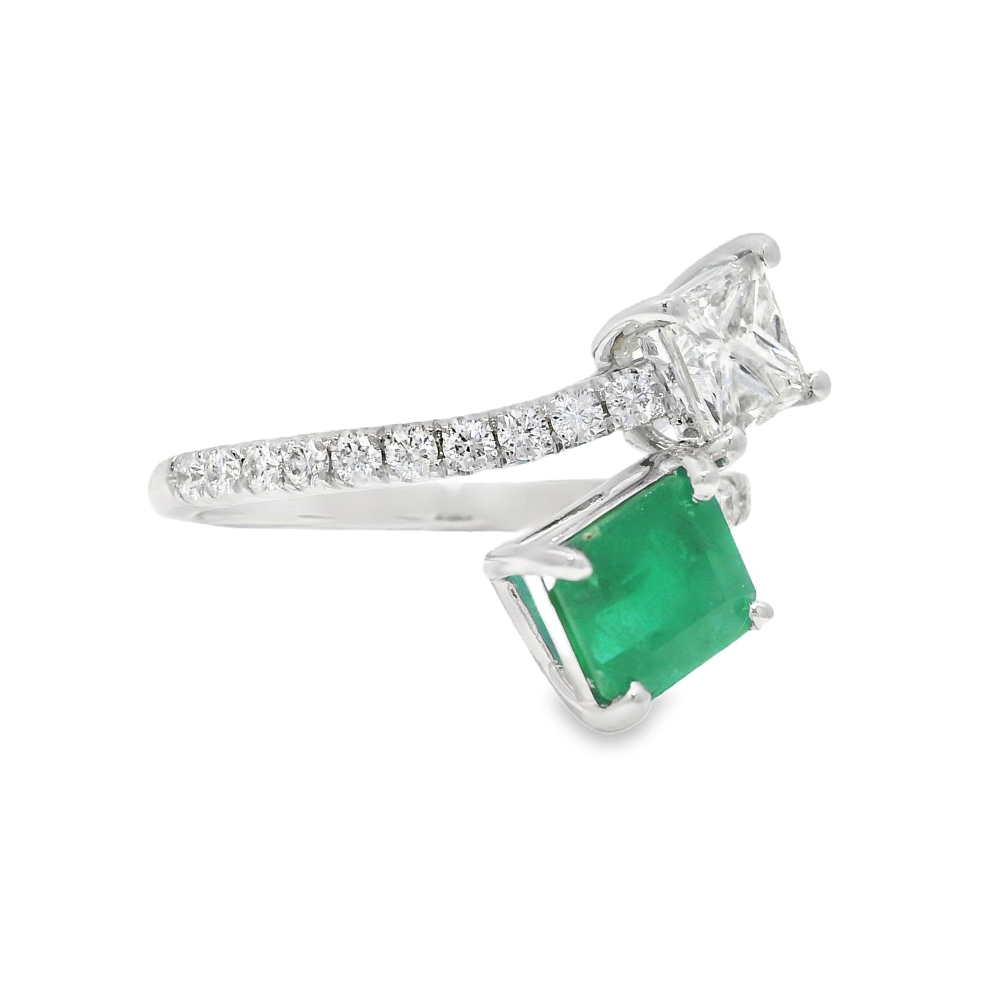 14k White Gold Natural Emerald & Princess Cut Diamond Bypass Ring