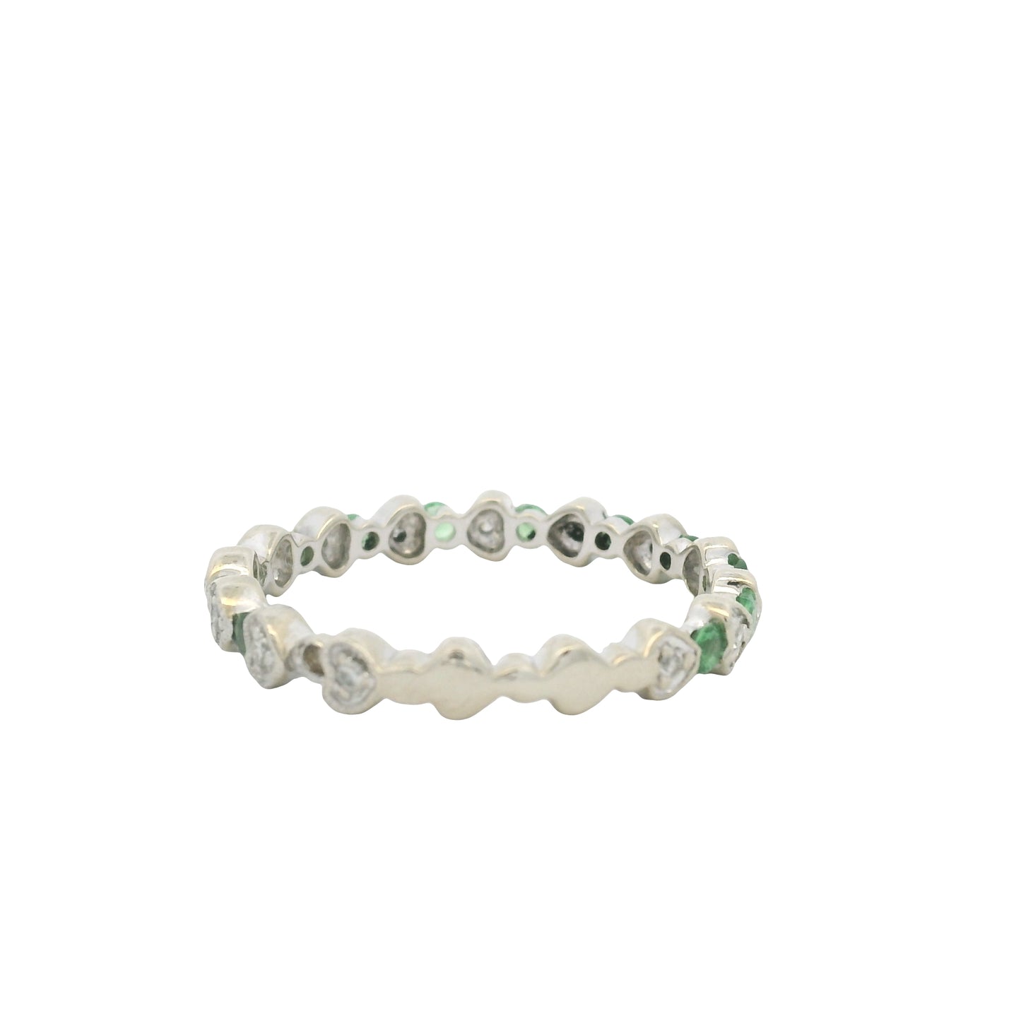 14K White Gold Natural Emerald & Diamond Heart & Round Shaped Stack Ring