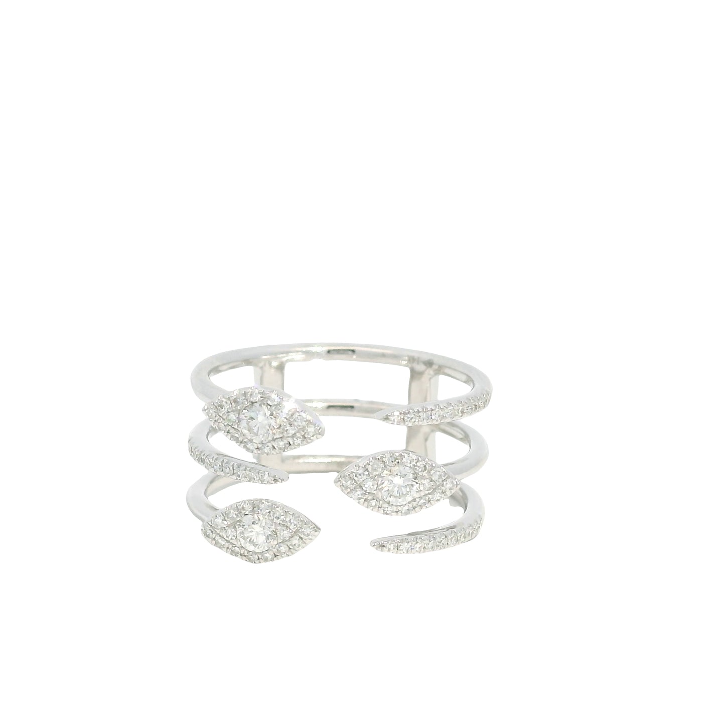 14K White Gold Natural Diamond & Marquise Shaped 3-Row Open Bypass Cluster Ring