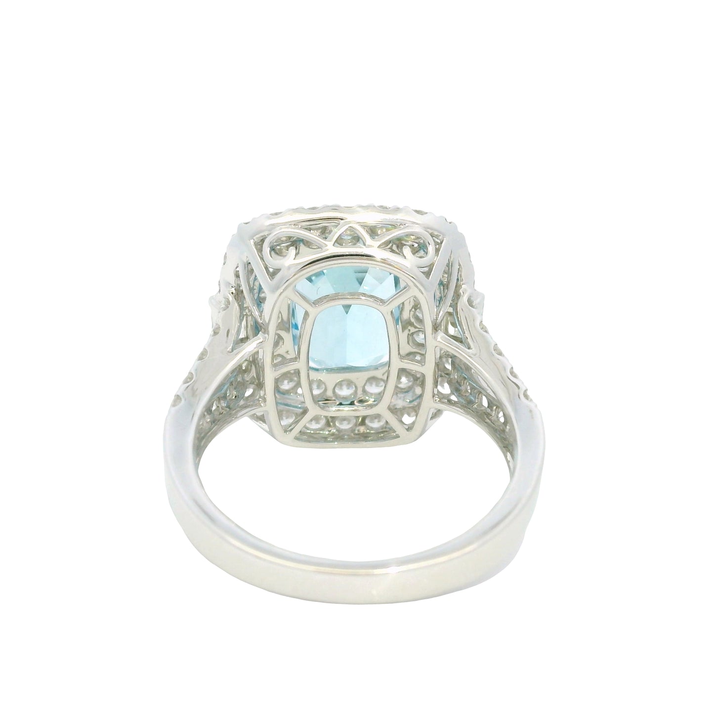 14K White Gold Natural Aquamarine & Diamond Double Halo Split Shank Ring