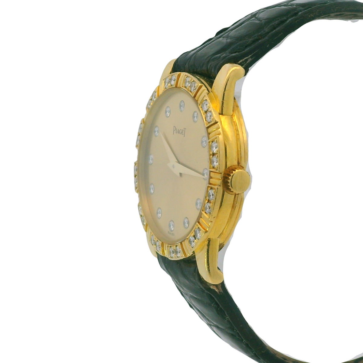 Piaget 18k Yellow Gold Diamond Dial Black Leather Strap Watch