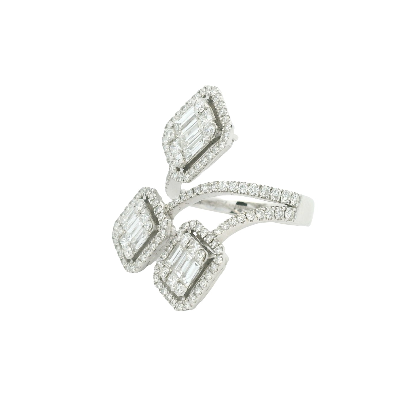 18K White Gold Natural Emerald &Round Cut Diamond Crossover Mosaic Ring
